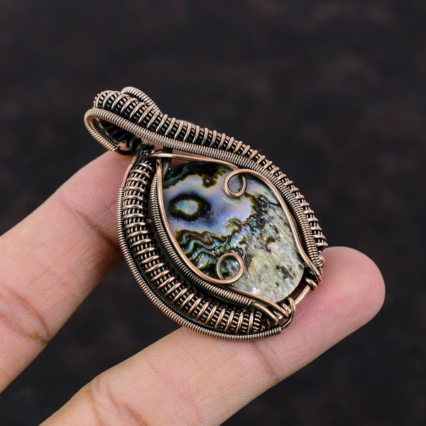 Abalone Shell Oval Green Handmade Copper Wire Wrapped Pendant