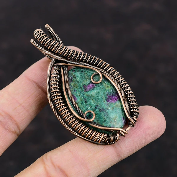 Ruby Fuchsite Oval Green Handmade Copper Wire Wrapped Pendant