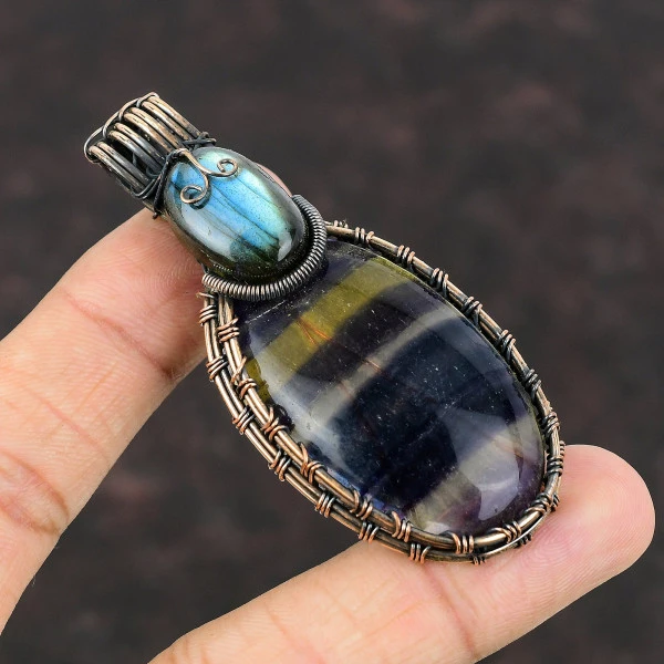 Multi Fluorite Oval Purple Handmade Copper Wire Wrapped Pendant