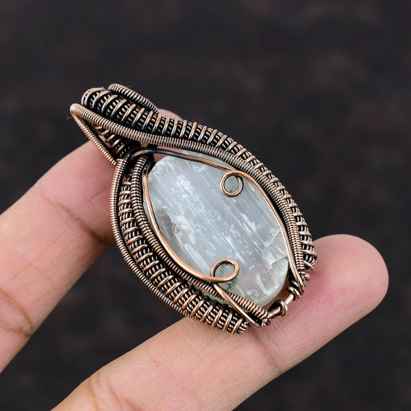 Selenite Druzy Oval White Handmade Copper Wire Wrapped Pendant