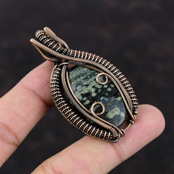 Ocean Jasper Oval Green Handmade Copper Wire Wrapped Pendant