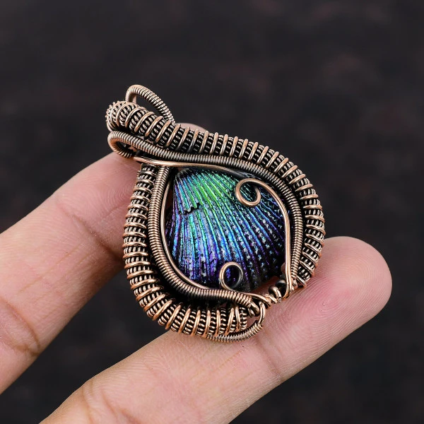 Titanium Coated Shell Pear Blue Handmade Copper Wire Wrapped Pendant