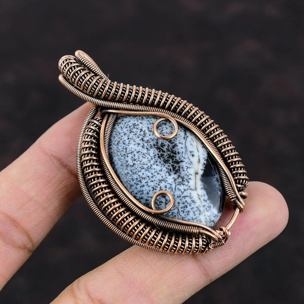 Dendrite Opal Oval Black Handmade Copper Wire Wrapped Pendant