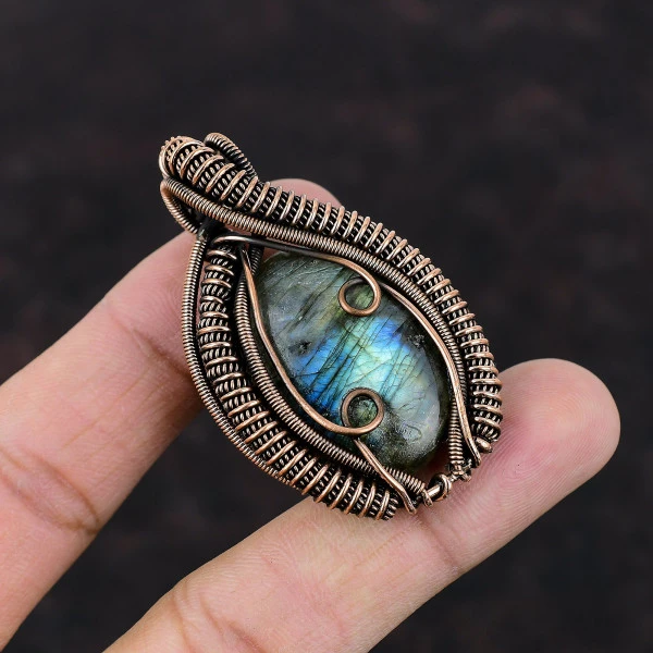 Labradorite Oval Gray Handmade Copper Wire Wrapped Pendant