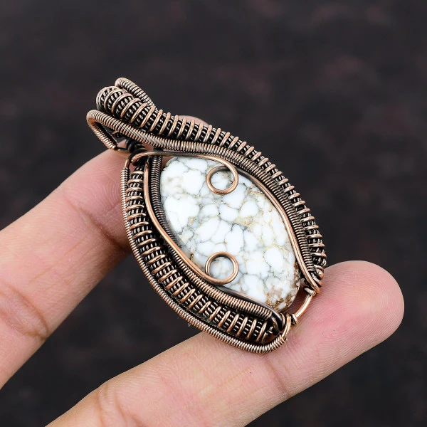 Wild Horse Magnesite Oval White Handmade Copper Wire Wrapped Pendant