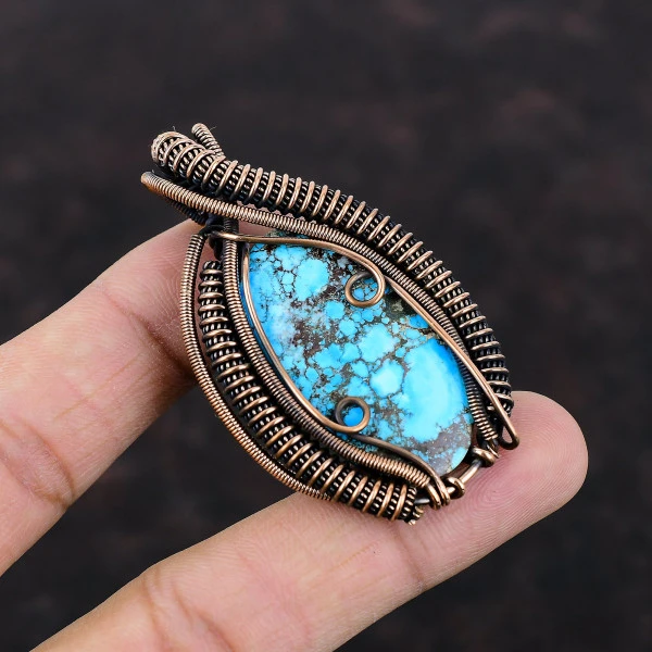 Tibetan Turquoise Oval Blue Handmade Copper Wire Wrapped Pendant