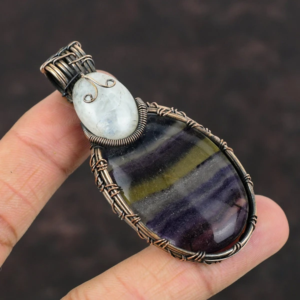 Multi Fluorite Oval Purple Handmade Copper Wire Wrapped Pendant