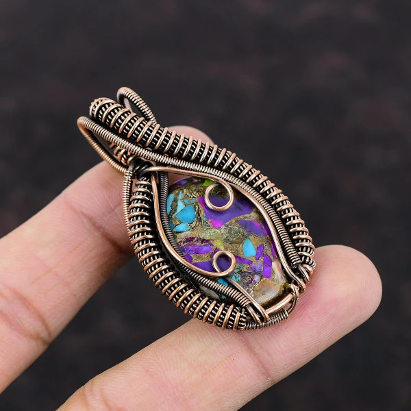 Copper Multi Turquoise Oval Purple Handmade Copper Wire Wrapped Pendant