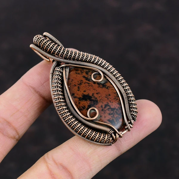 Mahogany Obsidian Oval Brown Handmade Copper Wire Wrapped Pendant