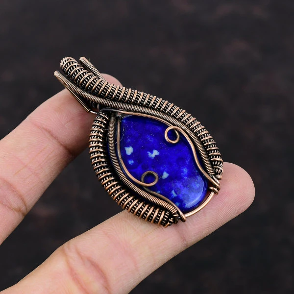 Lapis Lazuli Oval Blue Handmade Copper Wire Wrapped Pendant