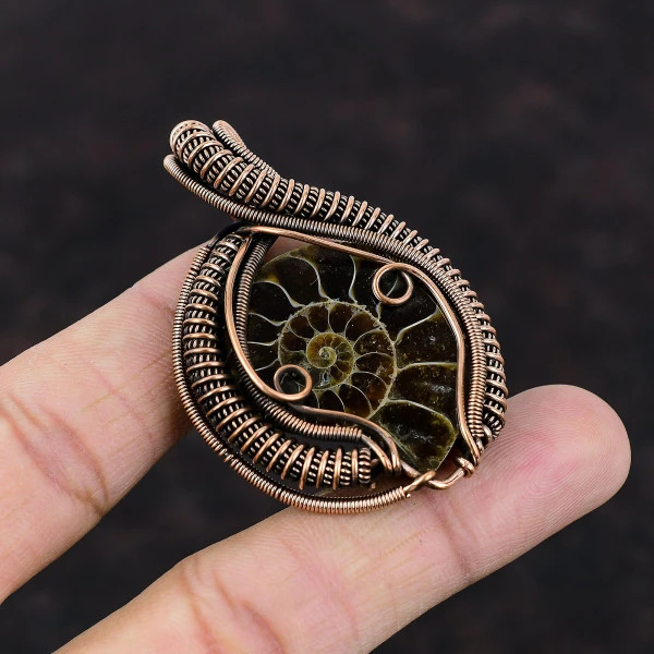 Ammonite Fossil Pear Brown Handmade Copper Wire Wrapped Pendant