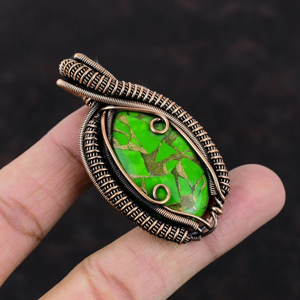 Copper Green Turquoise Oval Green Handmade Copper Wire Wrapped Pendant