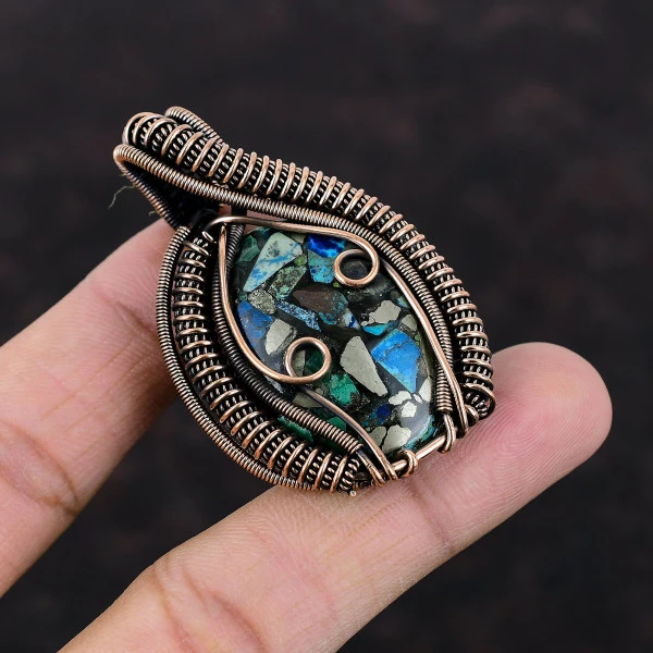 Copper Azurite Malachite Oval Green Handmade Copper Wire Wrapped Pendant