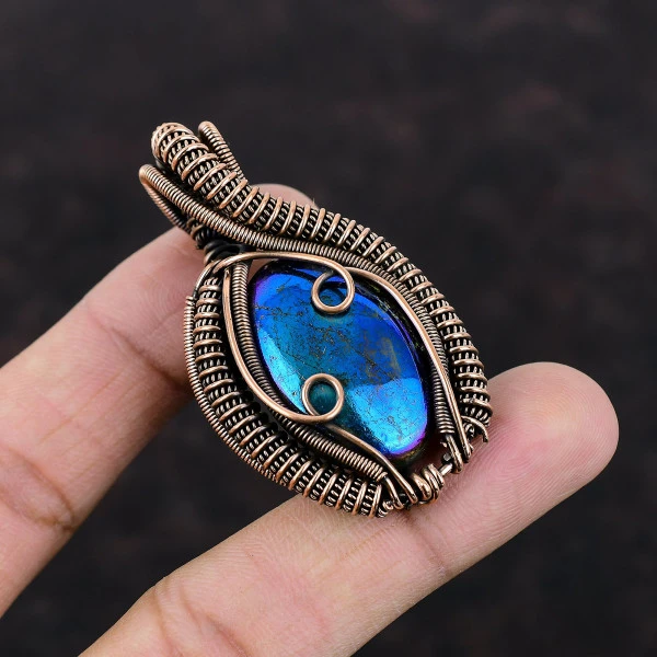 Mystic Fire Labradorite Oval Blue Handmade Copper Wire Wrapped Pendant