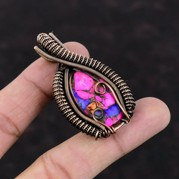Natural Kingman Pink Dahlia Turquoise Oval Pink Handmade Copper Wire Wrapped Pendant