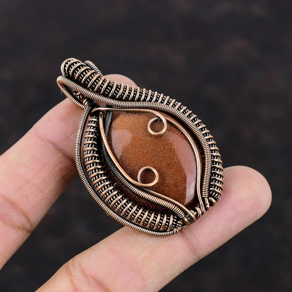 Sun Sitara Oval Orange Handmade Copper Wire Wrapped Pendant