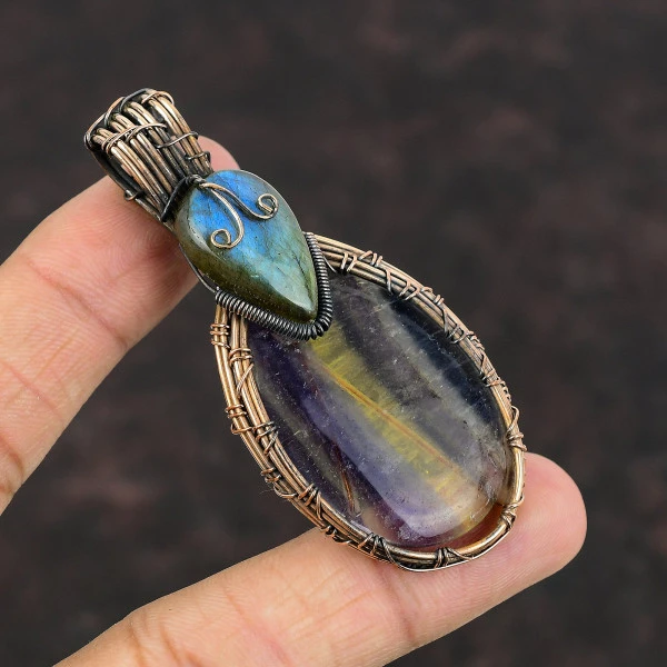 Multi Fluorite Oval Purple Handmade Copper Wire Wrapped Pendant