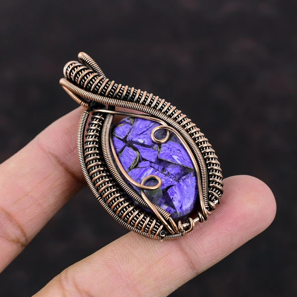 Copper Charoite Oval Purple Handmade Copper Wire Wrapped Pendant