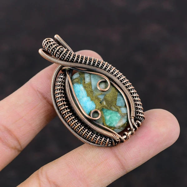 Copper Amazonite Oval Green Handmade Copper Wire Wrapped Pendant