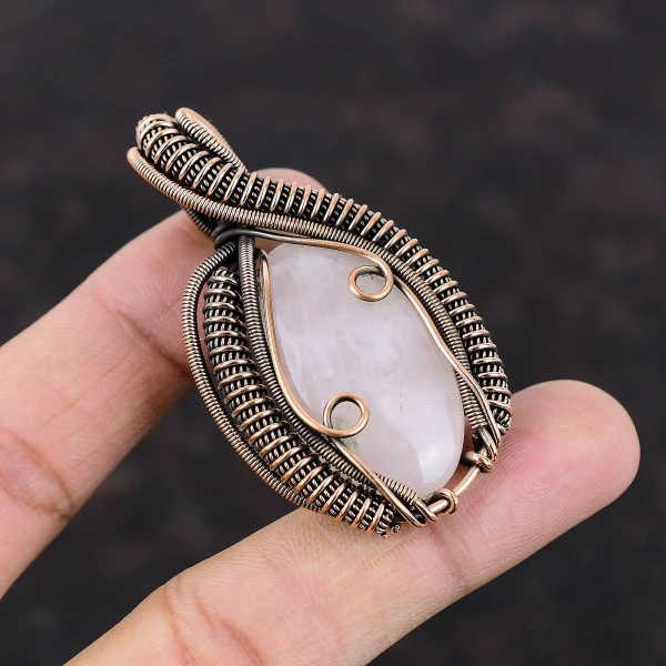 Rose Quartz Oval Pink Handmade Copper Wire Wrapped Pendant