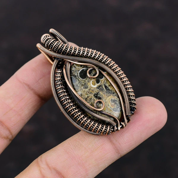 Turritella Agate Oval Brown Handmade Copper Wire Wrapped Pendant