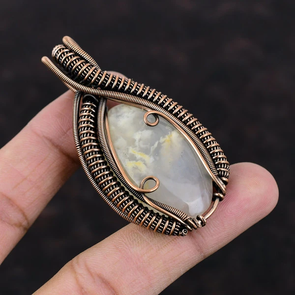 Plume Agate Oval Yellow Handmade Copper Wire Wrapped Pendant