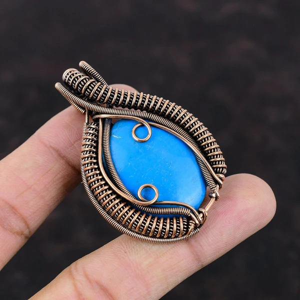 Sleeping Beauty Turquoise Oval Blue Handmade Copper Wire Wrapped Pendant
