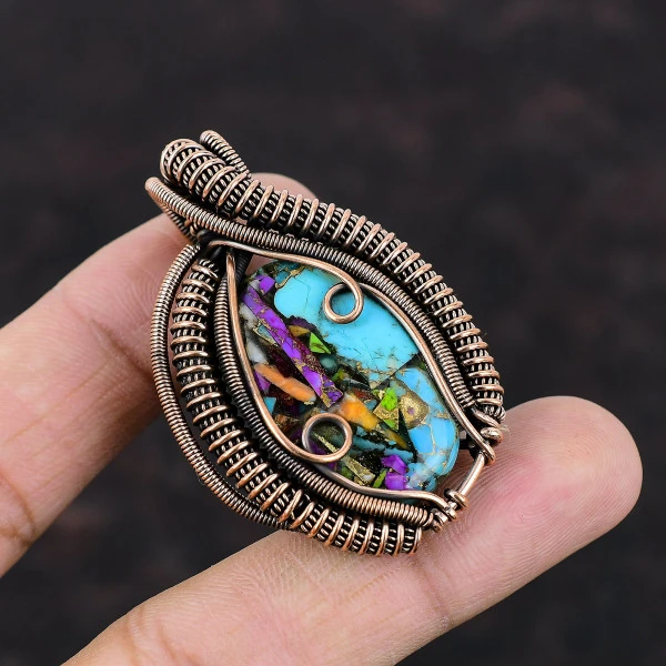 Fiesta Kingman Turquoise Oval Blue Handmade Copper Wire Wrapped Pendant