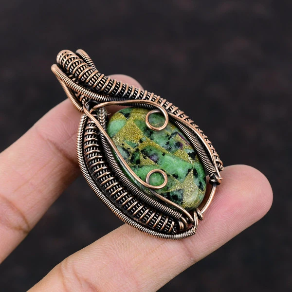 Copper Ruby Zoisite Oval Green Handmade Copper Wire Wrapped Pendant