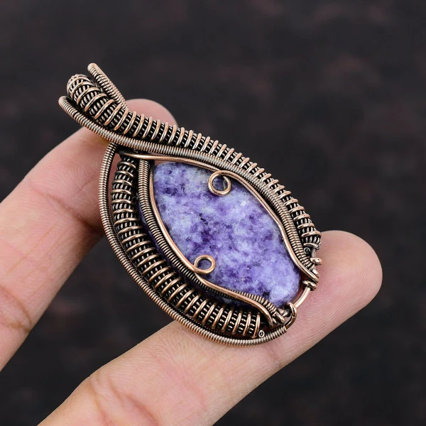 Lepidolite Oval Purple Handmade Copper Wire Wrapped Pendant
