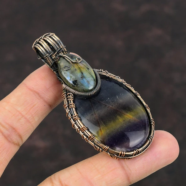 Multi Fluorite Oval Purple Handmade Copper Wire Wrapped Pendant
