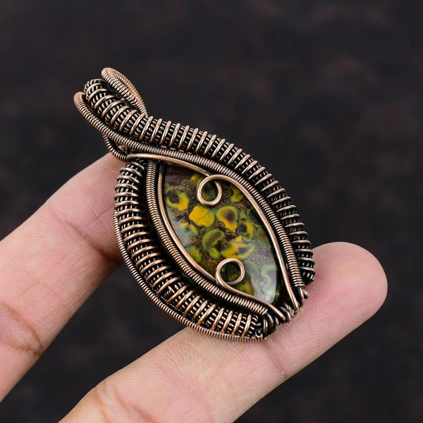 Fruit Jasper Oval Yellow Handmade Copper Wire Wrapped Pendant