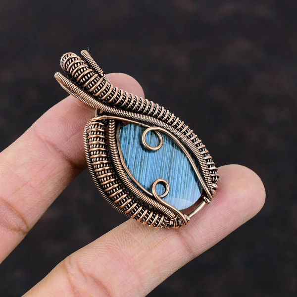 Labradorite Oval Blue Handmade Copper Wire Wrapped Pendant