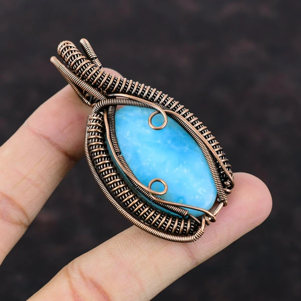 Hemimorphite Oval Blue Handmade Copper Wire Wrapped Pendant