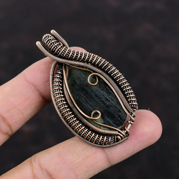 Black Tourmaline Rough Oval Black Handmade Copper Wire Wrapped Pendant