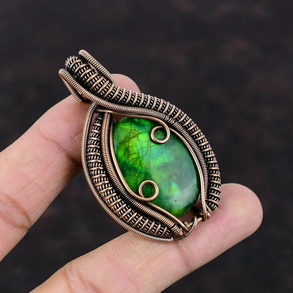 Green Fire Labradorite Oval Green Handmade Copper Wire Wrapped Pendant