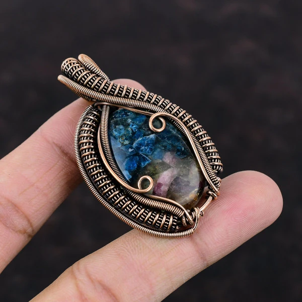 Watermelon Tourmaline Oval Blue Handmade Copper Wire Wrapped Pendant