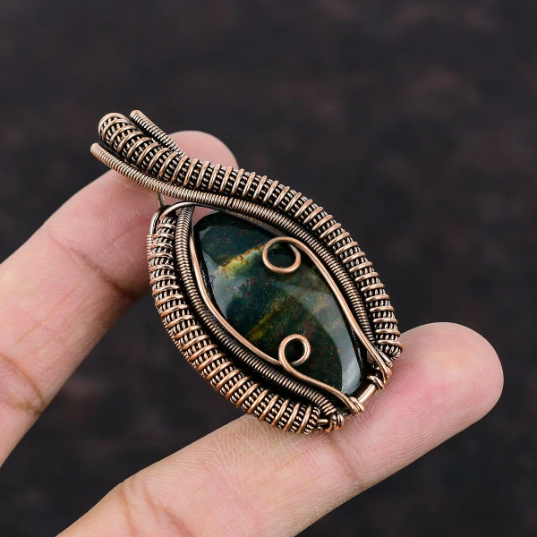 Bloodstone Oval Green Handmade Copper Wire Wrapped Pendant