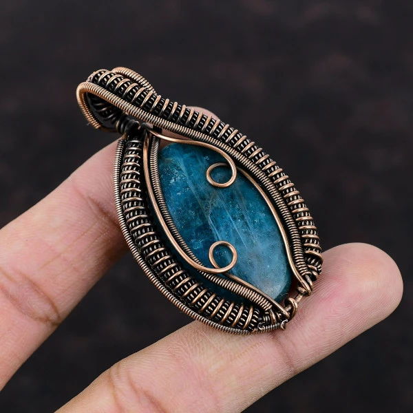 Neon Apatite Oval Blue Handmade Copper Wire Wrapped Pendant
