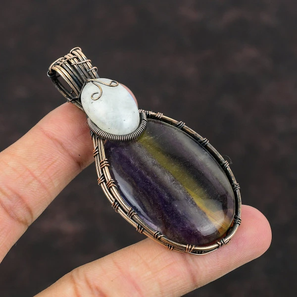 Multi Fluorite Oval Purple Handmade Copper Wire Wrapped Pendant