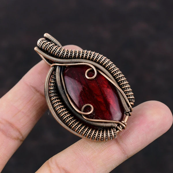 Red Fire Labradorite Oval Red Handmade Copper Wire Wrapped Pendant