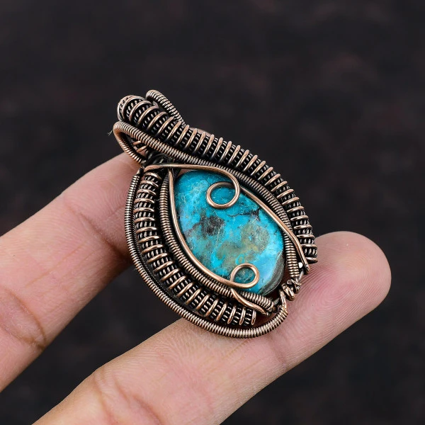 Chrysocolla Oval Blue Handmade Copper Wire Wrapped Pendant