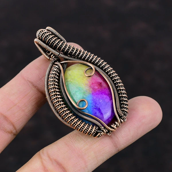 Rainbow Solar Quartz Druzy Oval Pink Handmade Copper Wire Wrapped Pendant