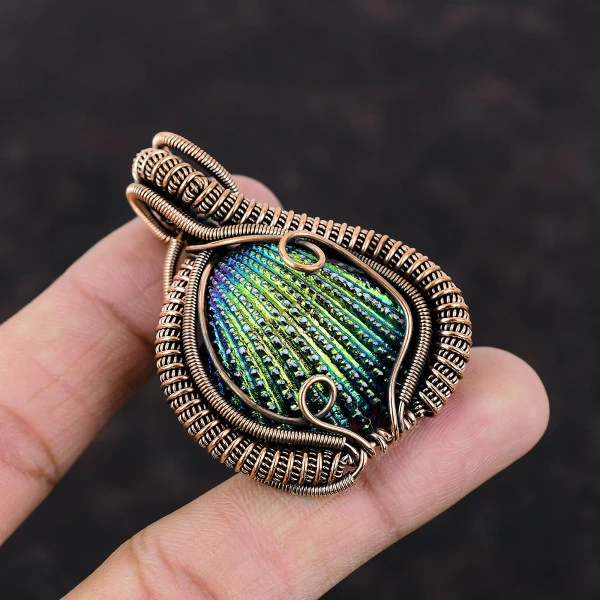 Titanium Coated Shell Pear Green Handmade Copper Wire Wrapped Pendant