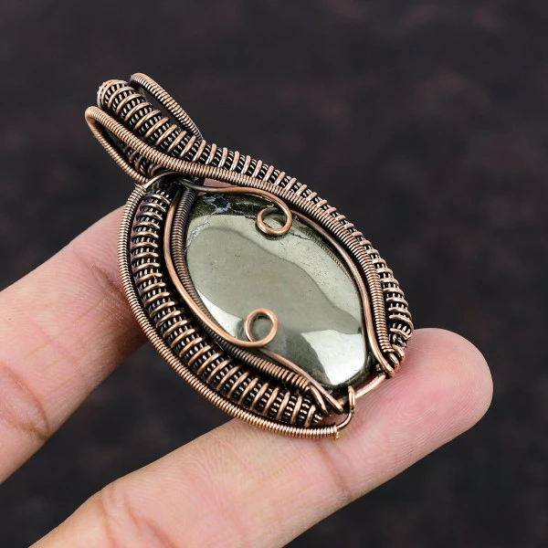 Apache Pyrite Oval Gold Handmade Copper Wire Wrapped Pendant
