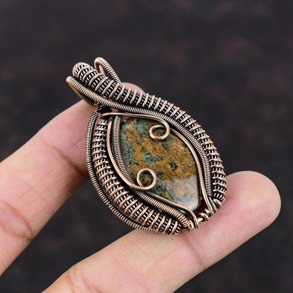Spessartine Garnet in Limestone Oval Brown Handmade Copper Wire Wrapped Pendant