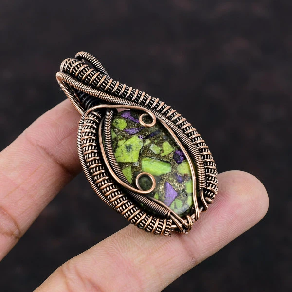 Copper Stichtite Oval Green Handmade Copper Wire Wrapped Pendant