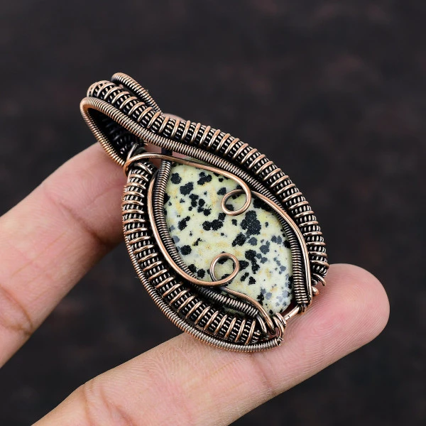 Dalmatian Jasper Oval Black Handmade Copper Wire Wrapped Pendant
