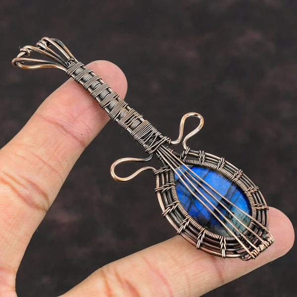 Labradorite Oval Blue Handmade Copper Wire Wrapped Pendant
