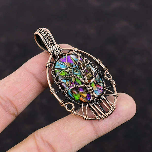 Tree Of Life Fiesta Kingman Turquoise Pendant Unique Copper Wire Wrapped Jewelry